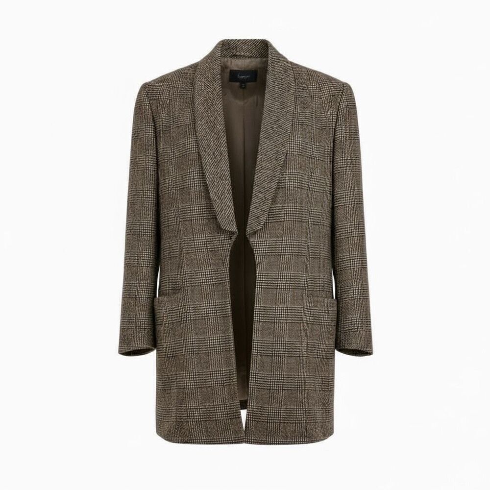 Vintage Glen Plaid Open Front‎ Collared Long Sleeve Lined Blazer Tan Black Sz 13